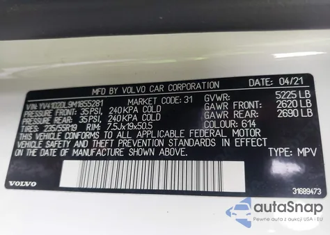 2021 Volvo Xc60 T5 Inscription z USA, uszkodzony, nr VIN YV4102DL9M1855281